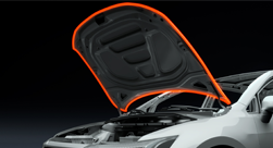 Car hood opened with highlighted induction bonding area, demonstrating the application of induction heating in automotive assembly.