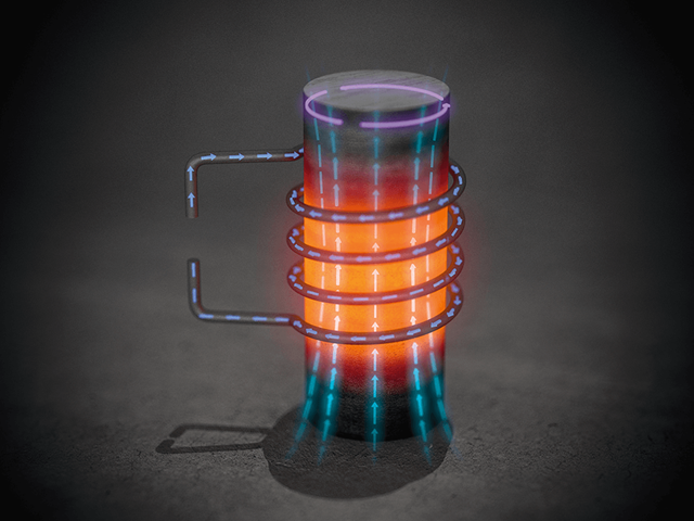 Illustration of eddy currents and electromagnetic fields inside a metal cylinder during induction heating with a surrounding coil.