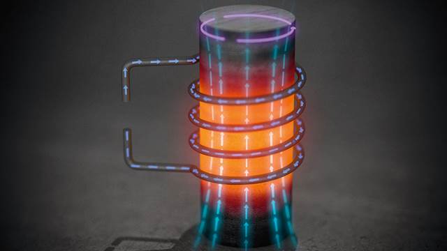 Illustration of the induction heating principle showing electromagnetic coils generating heat inside a metal workpiece