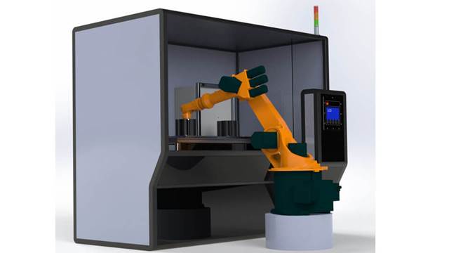 Robotic induction heating shrink‑fitting station handling motor housing components