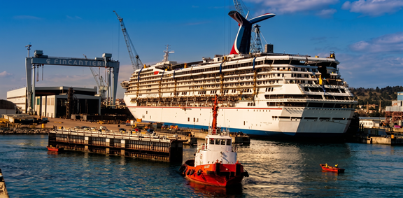 Carnival cruise ship under construction at Fincantieri Monfalcone shipyard, where ENRX Terac induction straightening is used for deck and bulkhead correction