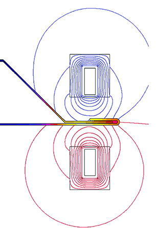 Simulation diagram showing ENRX U-Coil® induction field lines and heating distribution above and below an automotive hem joint, illustrating even heat and reduced distortion.