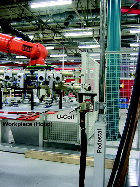 Robotic roller-hemming cell featuring an ENRX U-Coil® used for induction bonding of an automotive hood panel, with pedestal-mounted equipment for flexible spot-to-spot heating.
