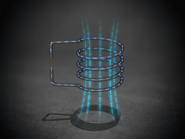 Illustration of an induction coil generating an electromagnetic field for induction heating, showing directional arrows representing energy flow.