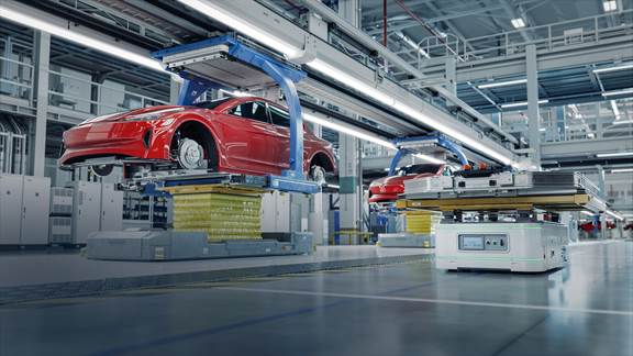 Illustration of an automated electric vehicle production line representing ENRX PWRMOVE contactless charging and induction solutions for smart manufacturing.