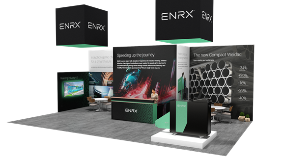 ENRX exhibition stand showcasing induction heating, wireless charging and Compact Weldac solutions at a trade show