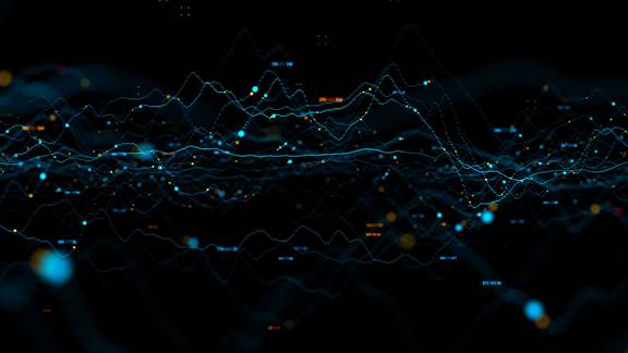 Visualizzazione astratta di dati digitali con linee luminose e punti dati su sfondo scuro, che rappresenta informazioni finanziarie e report sulle prestazioni presso ENRX