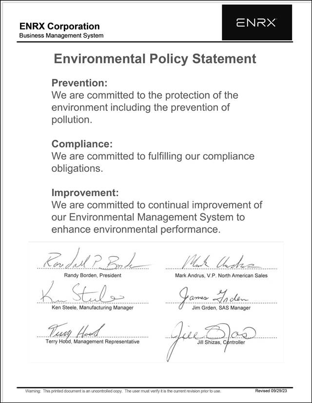 ENRX USA Environmental Policy Statement describing commitments to pollution prevention, regulatory compliance, and continuous improvement, shown with signatures from ENRX USA leadership.
