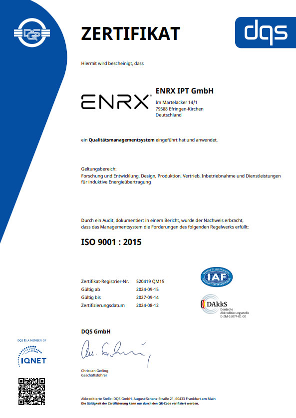 ISO 9001:2015 Zertifikatsdokument für ENRX IPT GmbH, ausgestellt von DQS, als Nachweis eines implementierten Qualitätsmanagementsystems.