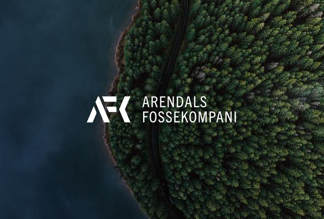 Aerial view of green forest and water with Arendals Fossekompani AFK logo, representing ENRX’s parent company and commitment to sustainable investment.