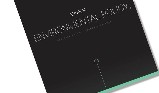 Cover design of the ENRX Environmental Policy document featuring minimalist graphics and modern typography.
