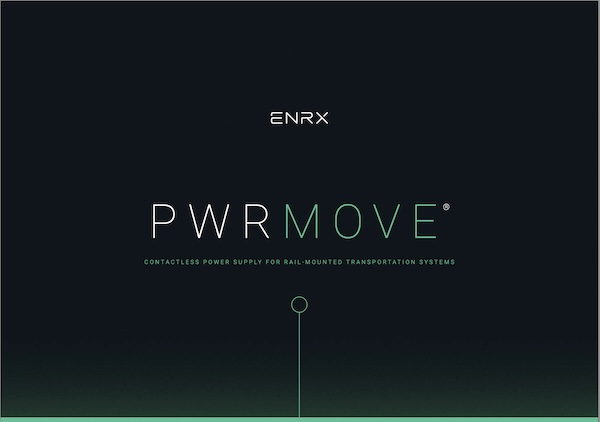 Front page of the ENRX PWRMOVE brochure presenting a contactless power supply solution for rail-mounted transportation systems.