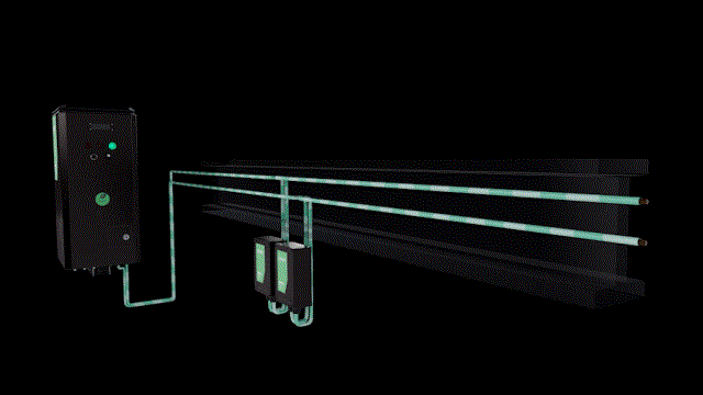 Illustration of ENRX PWRMOVE contactless power transfer system showing inductive power supply, compensation units, and Litz cable track for rail-mounted applications.