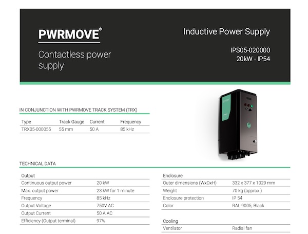 Front page of ENRX PWRMOVE inductive power supply datasheet showing IPS05 contactless power supply with technical specifications and system overview.
