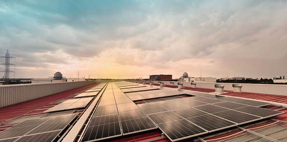 Solar panels of top of the roof at ENRX factory in India.