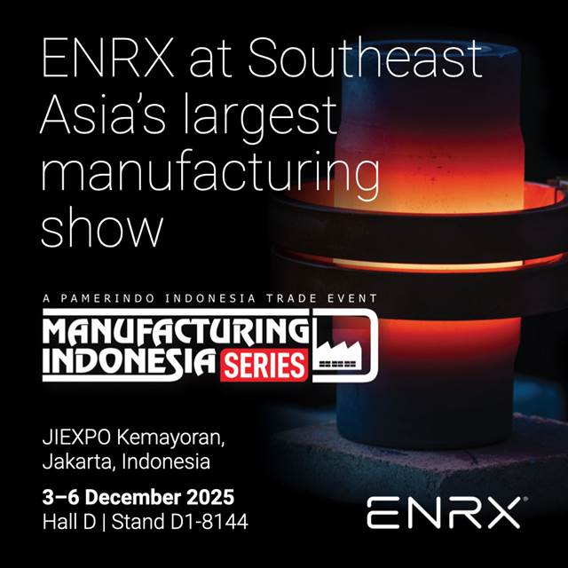 Promotional graphic for ENRX participation at Manufacturing Indonesia 2025, featuring induction heating imagery and event details for JIEXPO Kemayoran in Jakarta.