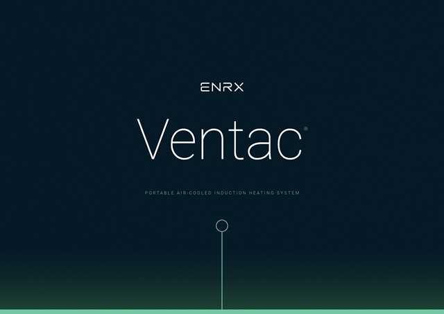 ENRX Ventac brochure cover displaying the product name and tagline for the portable air-cooled induction heating system on a dark background.