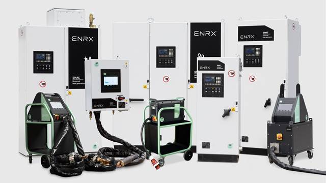 Range of ENRX induction heating systems including SINAC heat generators and MINAC mobile units for industrial heating applications.