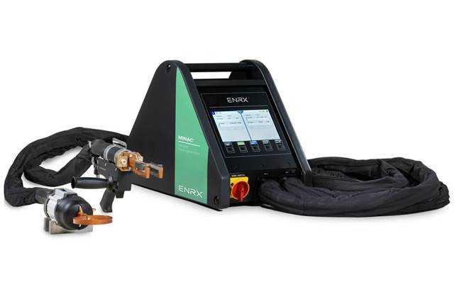 ENRX Minac® mobile induction heating system with touchscreen control panel, handheld transformers, induction coil and heating blanket on a white background