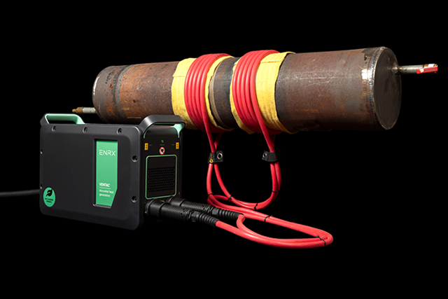 ENRX Ventac air‑cooled induction heating system preheating a cylindrical industrial component