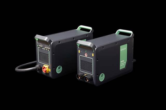 Two compact ENRX  Ventac air-cooled induction heating units designed for portable industrial heating applications.