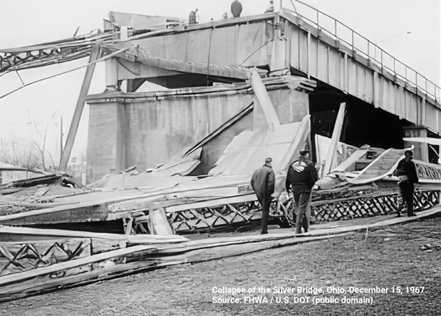 Black and white photo of the collapsed Silver Bridge in Ohio after the 1967 disaster.