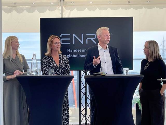 Four panellists on stage at ENRX's Arendalsuka debate, standing at tall cocktail tables. From left: Tine Fossland, Hanna Opsahl-Ben Ammar, Bjørn Eldar Petersen and Silje Berntsen Bogen.