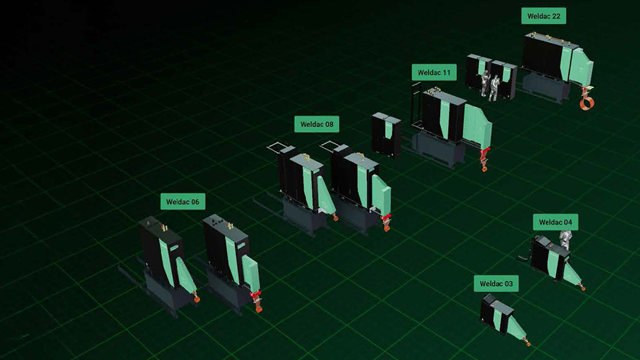 Complete Weldac induction welding system range from ENRX, showing models Weldac 03, 04, 06, 08, 11, and 22 in different cabinet configurations.